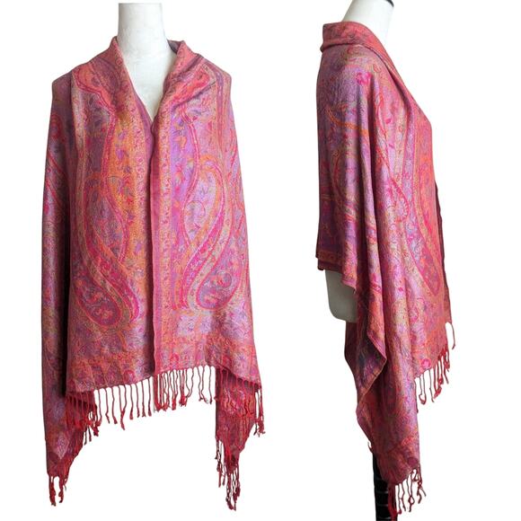 100% Cashmere Boho Shaw Scarf Coverup Tassels Floral Paisley One Size - Picture 1 of 11